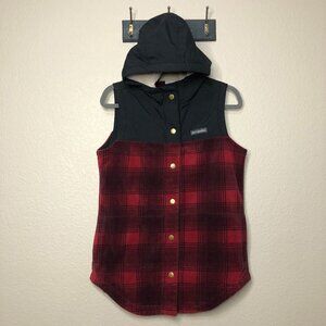 Columbia Red & Black Buffalo Plaid Snap Button Hooded Vest Men's M Sherpa Hood